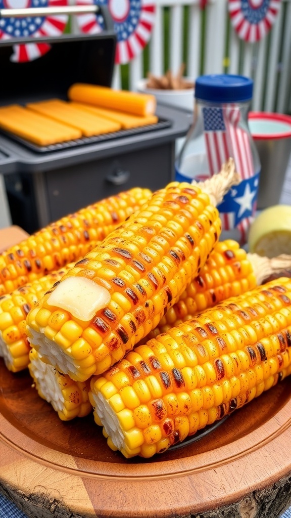 Grilled corn on the cob with butter and spices on a wooden platter, set against a festive 4th of July picnic backdrop.